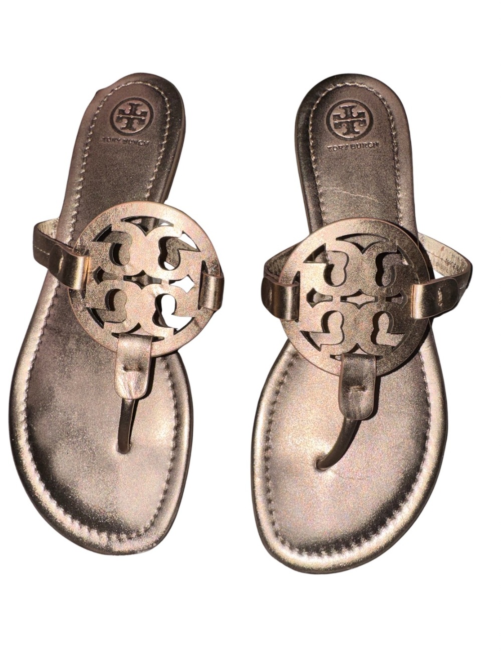 Tory Burch Metallic Rose Gold Logo Thong Sandals